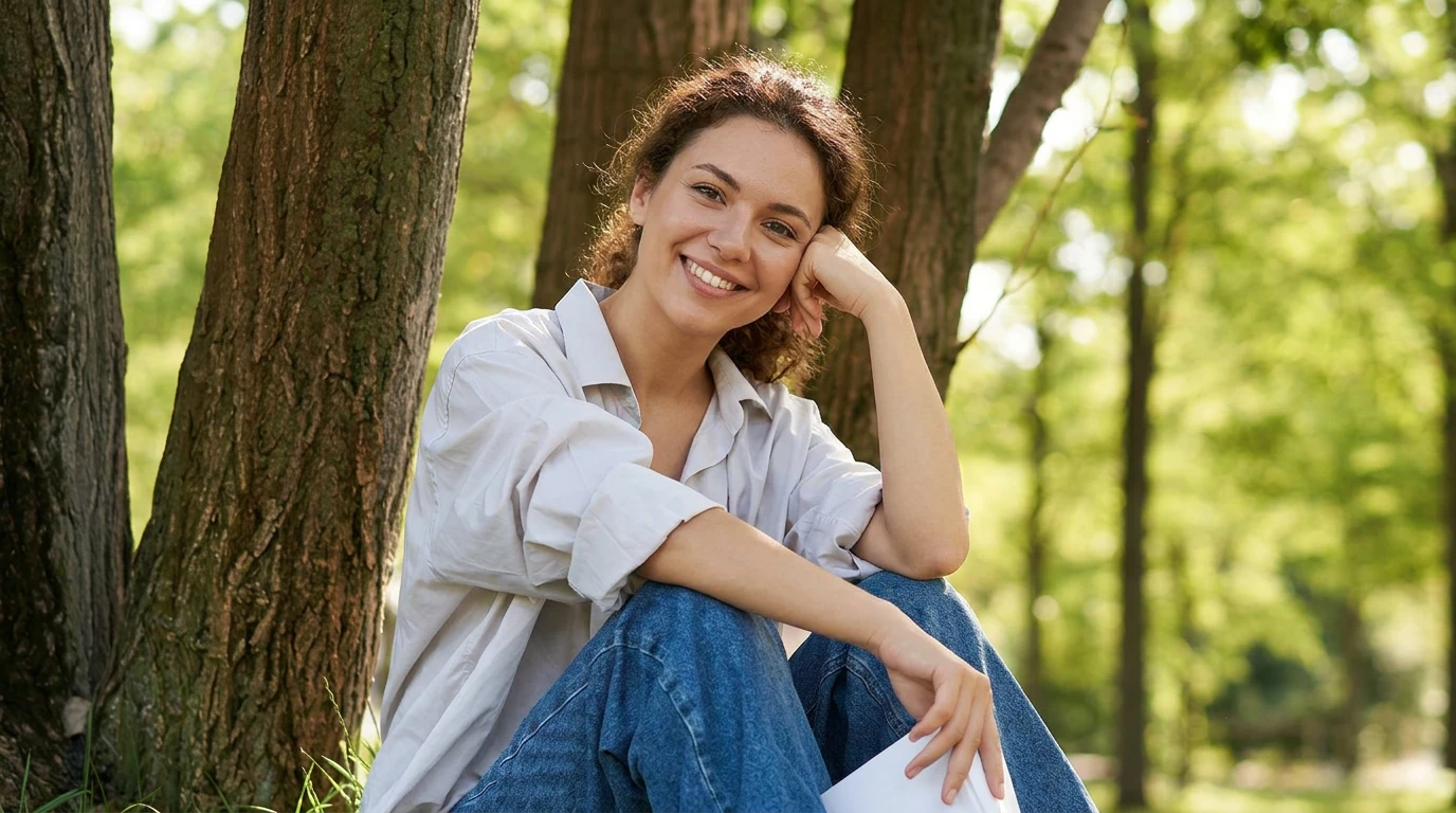 A person sitting outdoors in morning light
